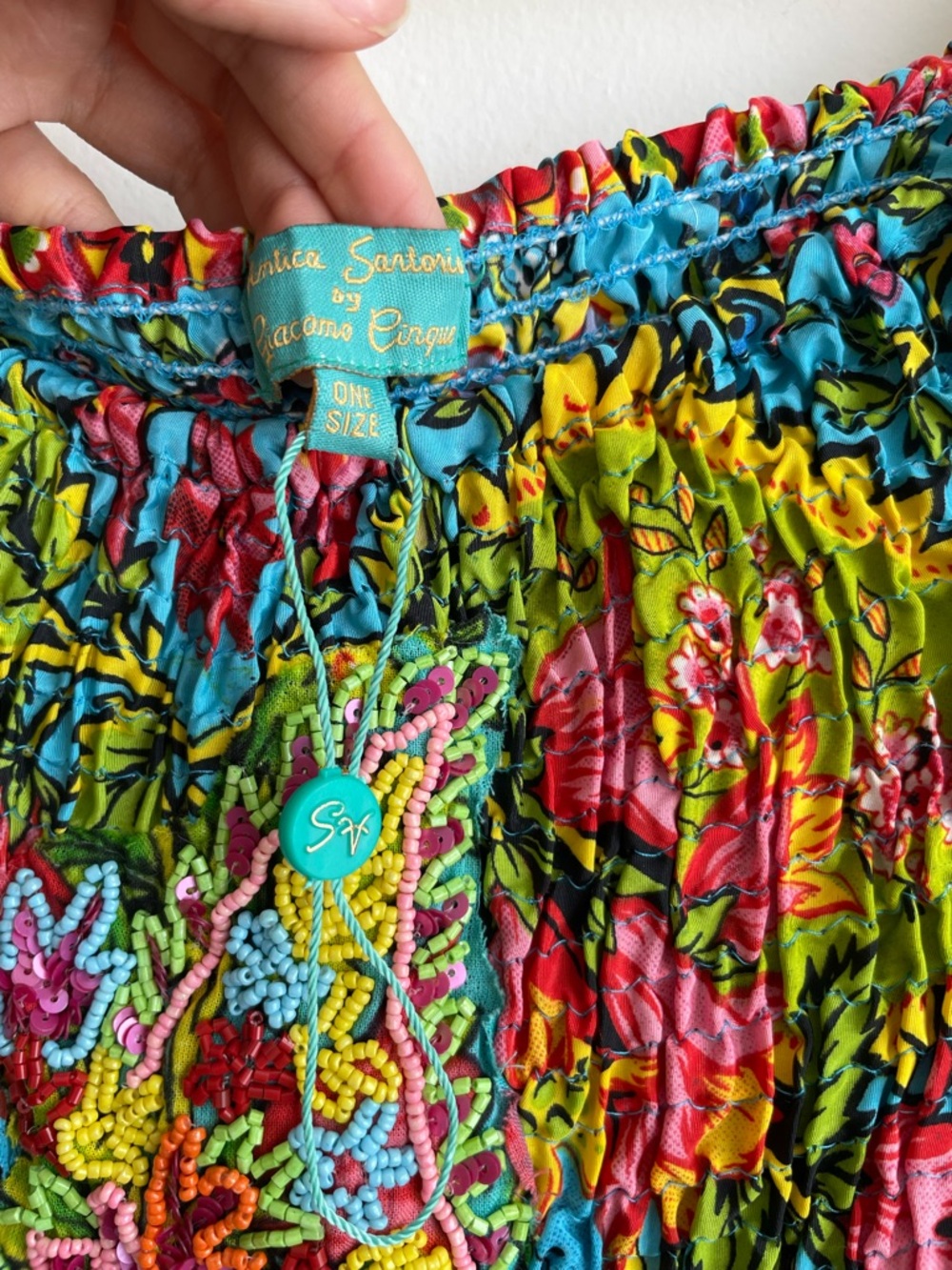 Antica Sartoria Floral Smocked Beaded Long Dress O/S Ruffle Colorful Italy Euro - Picture 4 of 9